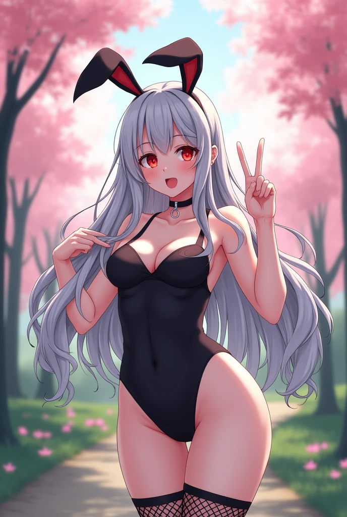 Anime girl with long grey hair, Black rabbit ears, black swimsuit, black mesh tights, Red eyes, white, in a park background with trees with pink leaves, con la boca abierta y en haciendo🤞con los dedos