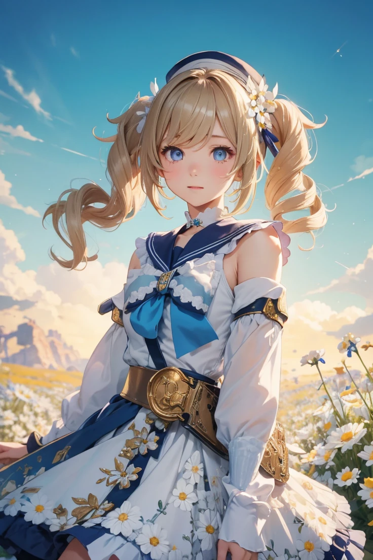 {Charming anime girl with wavy, light brown hair adorned with white floral accessories and a navy blue hat with golden accents, her bright blue eyes sparkle with delight:0.9}, {She wears a whimsical sailor dress in pristine white with navy blue and golden trim, a large bow with a cross motif at the collar, and a decorative blue sash around her waist. The outfit is embellished with intricate gold detailing and small charms, evoking a sense of enchantment:0.8}, [Set against a serene, early evening sky with gentle hues of blue and orange merging at the horizon, over a vibrant meadow blooming with white daisies, creating a peaceful and idyllic setting:0.7}, {The artwork is rendered in a clear and vivid anime style, capturing the soft textures of her hair and the delicate fabric of her dress, while the background blends a painterly touch to emphasize the magical, almost storybook quality of the scene:0.9},
{The overall composition is bright and airy, with a focus on high dynamic range that accentuates the light filtering through her hair and the reflective qualities of her eyes, enhancing the youthful and optimistic aura of the character:0.8}