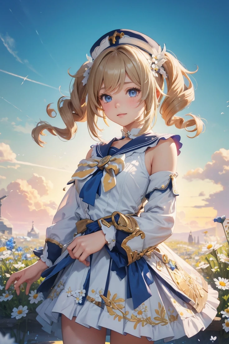 {Charming anime girl with wavy, light brown hair adorned with white floral accessories and a navy blue hat with golden accents, her bright blue eyes sparkle with delight:0.9}, {She wears a whimsical sailor dress in pristine white with navy blue and golden trim, a large bow with a cross motif at the collar, and a decorative blue sash around her waist. The outfit is embellished with intricate gold detailing and small charms, evoking a sense of enchantment:0.8}, [Set against a serene, early evening sky with gentle hues of blue and orange merging at the horizon, over a vibrant meadow blooming with white daisies, creating a peaceful and idyllic setting:0.7}, {The artwork is rendered in a clear and vivid anime style, capturing the soft textures of her hair and the delicate fabric of her dress, while the background blends a painterly touch to emphasize the magical, almost storybook quality of the scene:0.9},
{The overall composition is bright and airy, with a focus on high dynamic range that accentuates the light filtering through her hair and the reflective qualities of her eyes, enhancing the youthful and optimistic aura of the character:0.8}