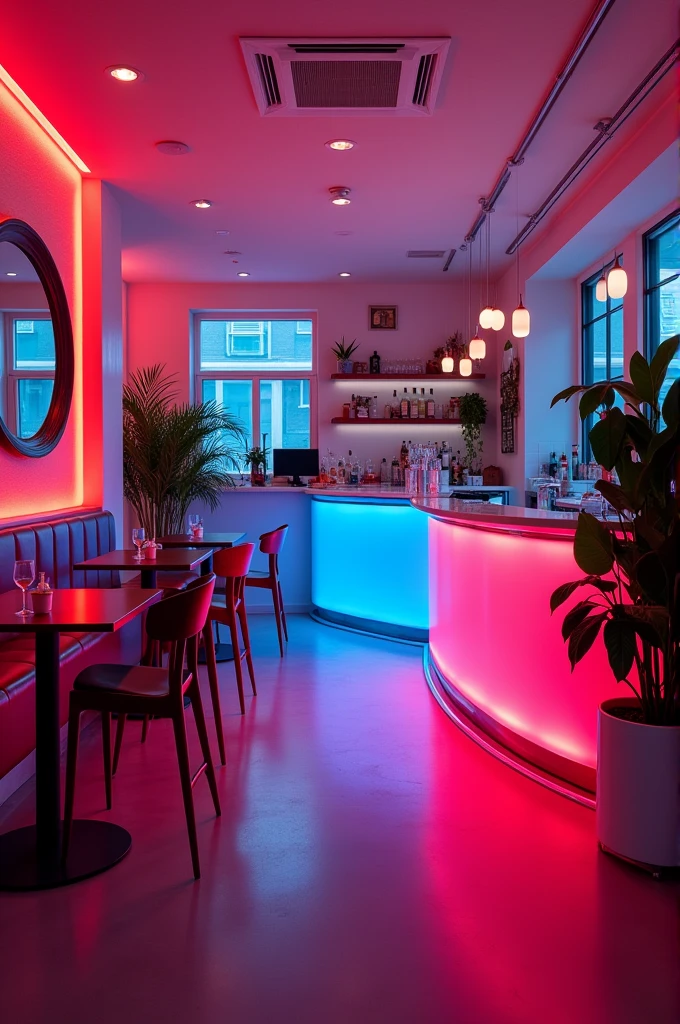 A small, comfortable and modern bar for young people with LED lighting
