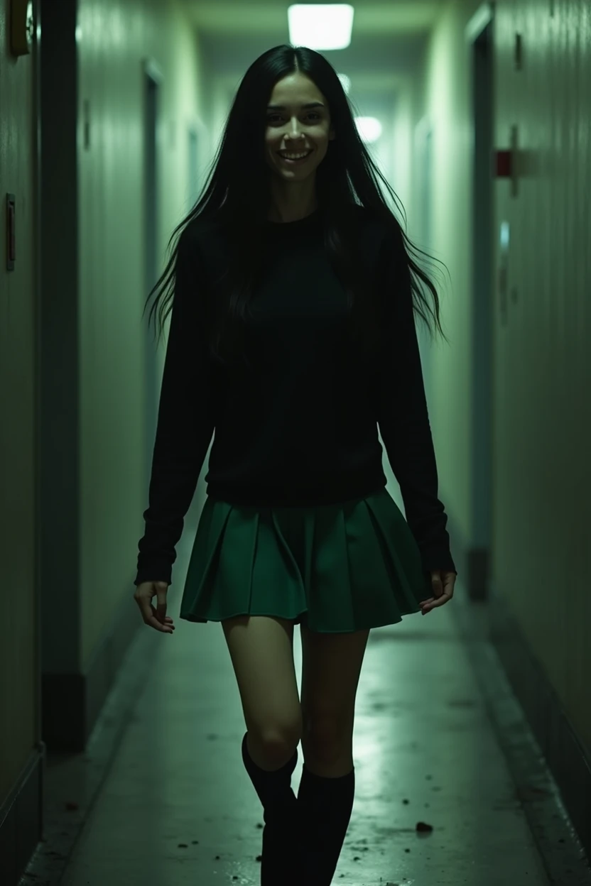 long straight hair black, girl, using a black sweater, green skirt, black socks,running,darkness place,in Outlast horror game,smilling