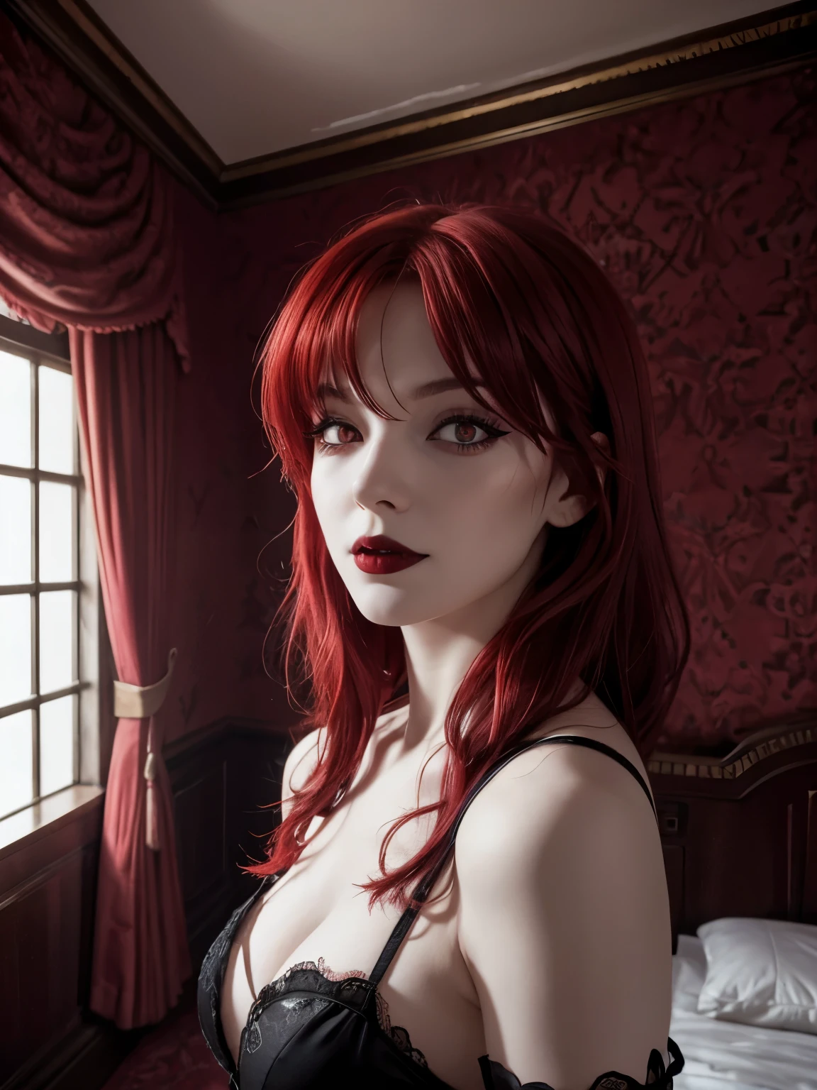 1woman, goth, bedhead, bright red hair, excited, pale skin, smoky eyes, black lips, castle bedroom