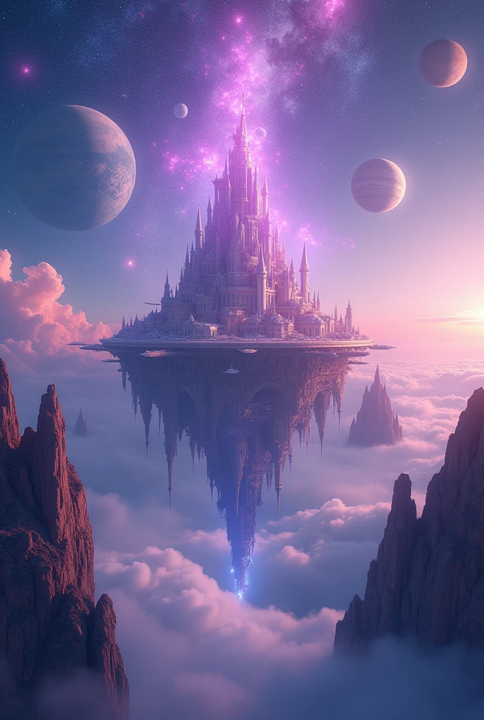 ((masterpiece)), Best Quality, (8k, Best Quality, masterpiece:1.2), ultra detailed, illustration, big fantasy city, Science fiction, ethereal city, floating city, many planets in the heavens, clouds around, heavenly architecture, purple energy healing around, Giant castle in the center., astral skies