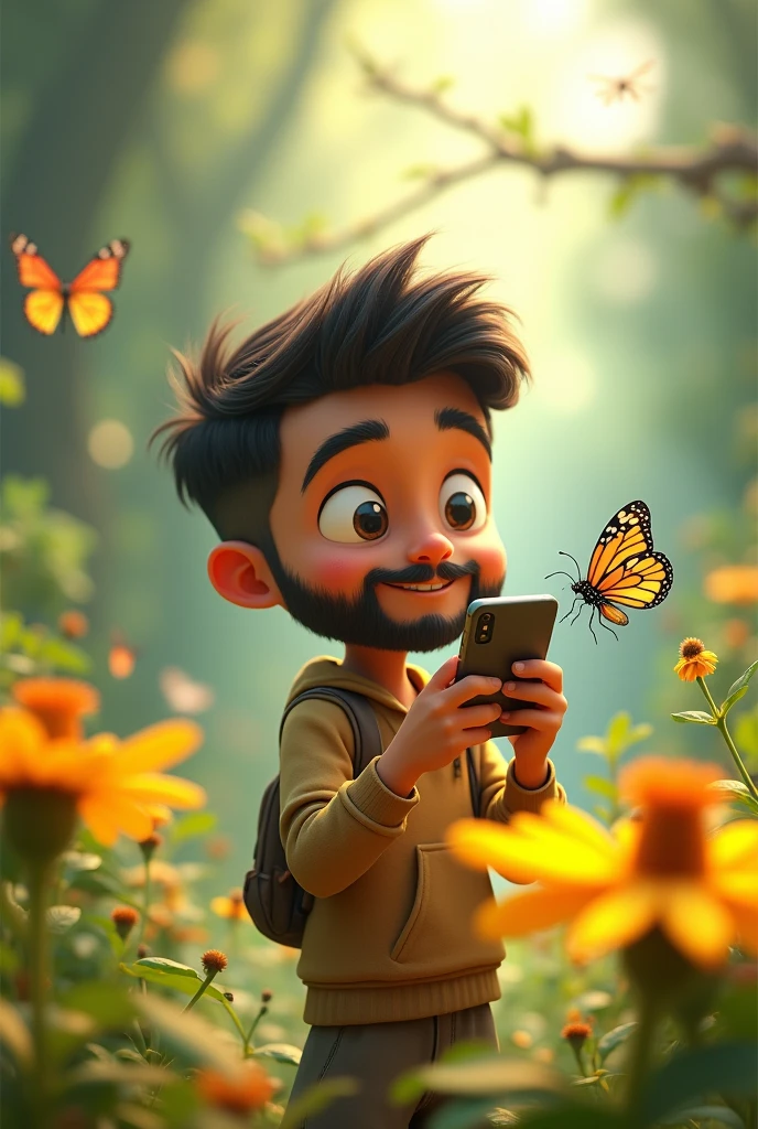 A french cut beard animated boy taking photos of butterflies and bugs in a beautiful nature by a mobilephone. A beautiful bug on a yellow flower is in front of his mobile and he is taking photo of that beautiful bug on yellow flower
