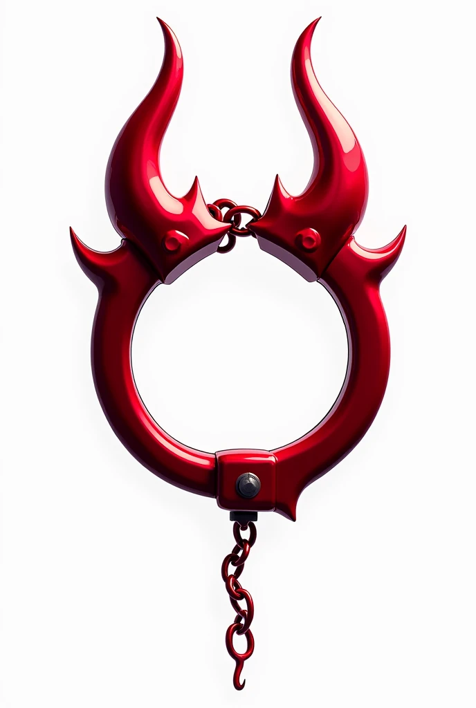 (logo design) sexy evil logo, a sexual striking red handcuff, adorned with demon horns and a sinuous chain tail extending from the base, dynamic and bold, glossy finish, high-resolution, creating an impression of sexuality and power. White background. 