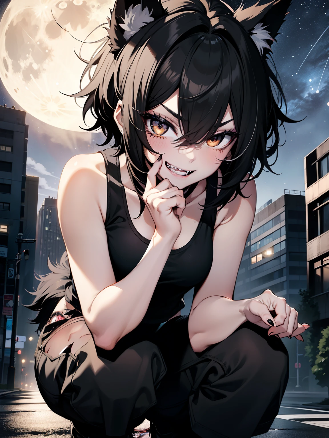 1girl, wolf girl, black hair, outdoors, night, nighttime, moon, stars, short hair, messy hair, tank top, cropped tank top, pale gray skin, black mascara, black eyeliner, black eyeshadow, goth makeup, wolf tail, sharp teeth, fangs, blush, blushing, grin, squatting