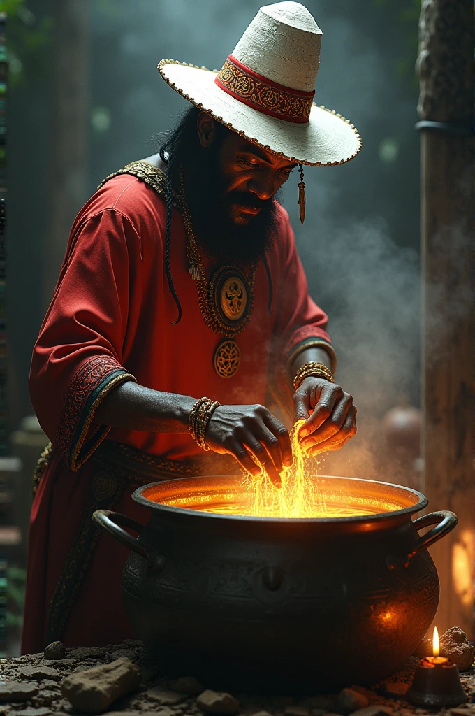 Exu Zé pilintra with his white and red hat making a hat in the cauldron