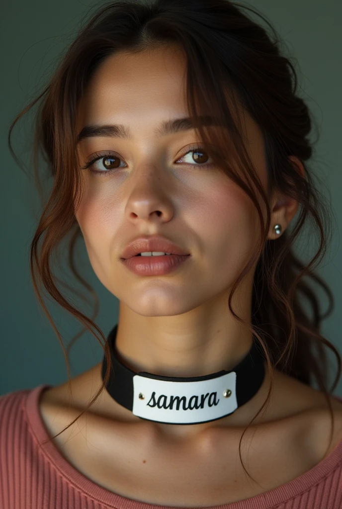 young adult woman wearing a collar with the name samara written on it