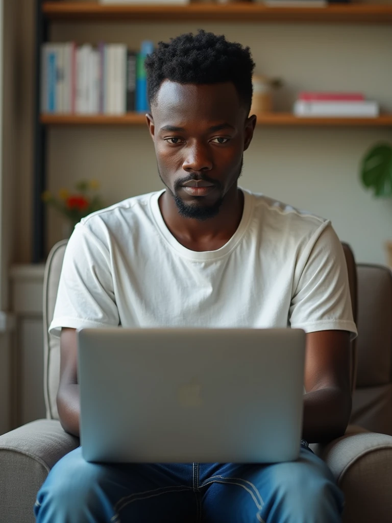 real person african student holding laptop.