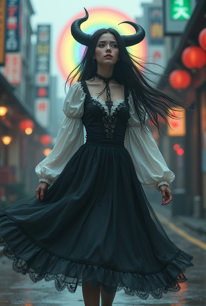 Demon girl fallen from the sky,with rainbow colored halo, black and white dress,She looks at the sky feeling betrayed, Walk the streets of Japan