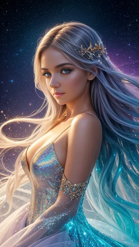 create a stunning portrait of an ethereal young woman surrounded by a mesmerizing display of magical elements. the woman should ...