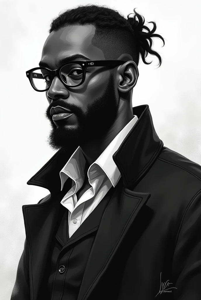 a philosophy teacher. African descendent. bonitas. with a well-groomed beard and neat clothes. vampire of the malkavian clan.
black and white art. with reference to the role-playing game Vampire the Masquerade. full body and wearing glasses
