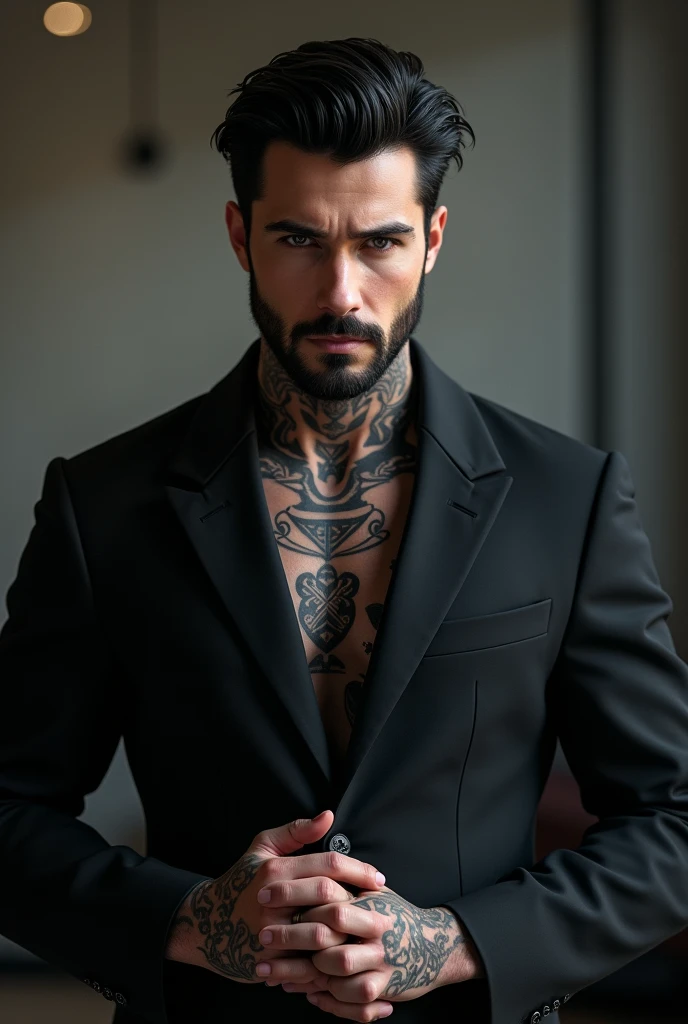 Very handsome and sexy man with black hair, gray eyes, a little beard and a dark aura, businessman style, in a suit and visible tattoos on his neck and hands.. 