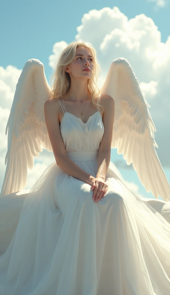 (beautiful金髪女性, beautifulAngel, whole body:1.3),(White skin:1.8),(beautiful小さな胸:1.35),(Angelの羽根:1.4), beautiful, masterpiece, Beata Undine, Angel, Angelの輪, Angelの翼 , Highest quality, Highly detailed face, (A thin, sheer long dress, The skin is transparent:1.4), Perfect lighting, 1人のbeautiful女性, alone, , Sitting, blush, sky heaven clouds