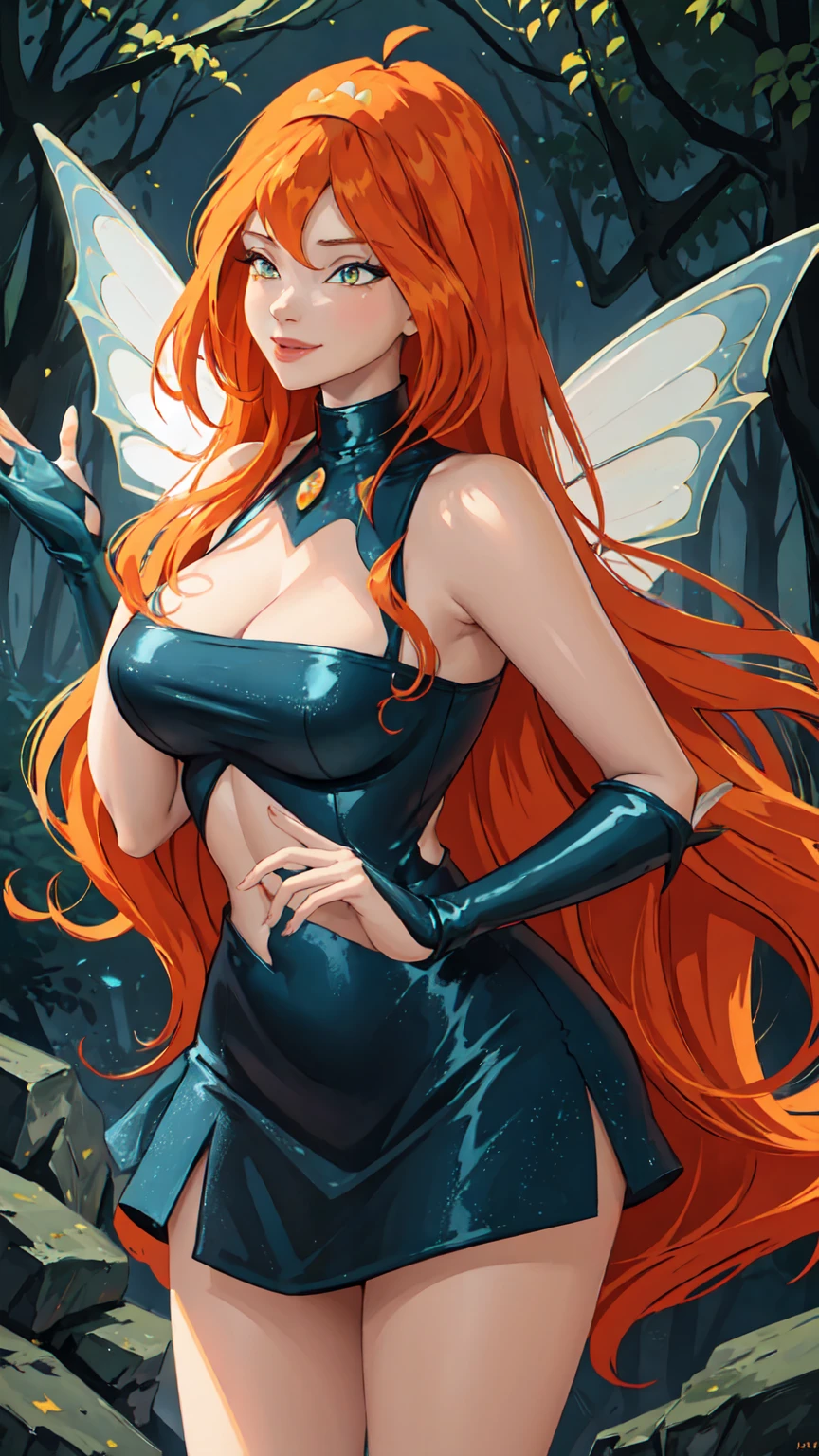 masterpiece, best quality, ultra-detailed, Bloom, milf, mature face, tall, thick, orange hair, yellow eyes, bangs, long hair, fairy outfit, black lingerie, sleeveless, black skirt, sparkling clothing, fairy wings, tiara, standing, smile, in the forest, cowboy shot, realistic, volumetric lighting, intricate details, tonemapping, sharp focus, hyper detailed, Hot cleavage, Big breasts, 