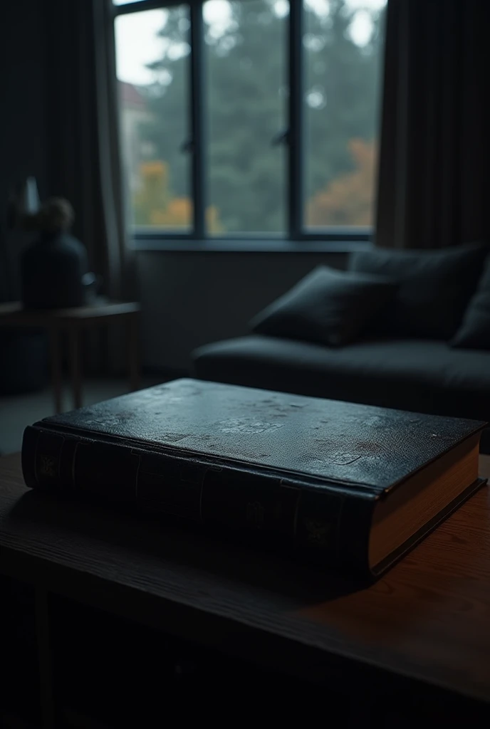 A black book lies in a cupboard against the background of a dark living room, glint, Shine, in cyberpunk style
