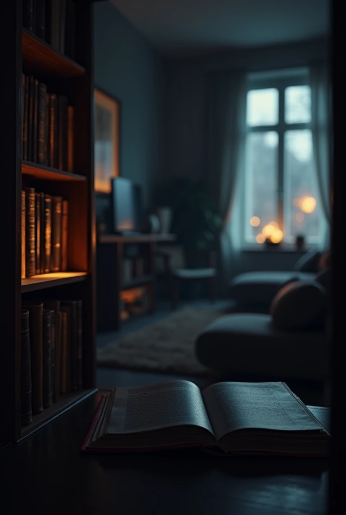 A black book lies in a cupboard against the background of a dark living room, glint, Shine, in cyberpunk style