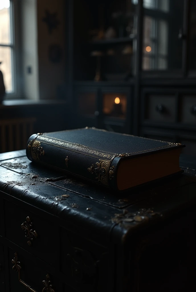 A black book lies in a cupboard against the background of a dark living room, glint, Shine, in cyberpunk style