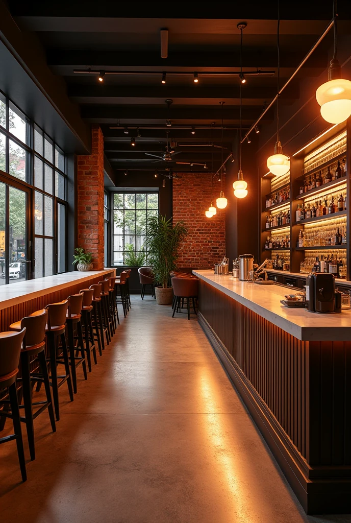 A small, comfortable and modern bar for young people with little LED lighting 