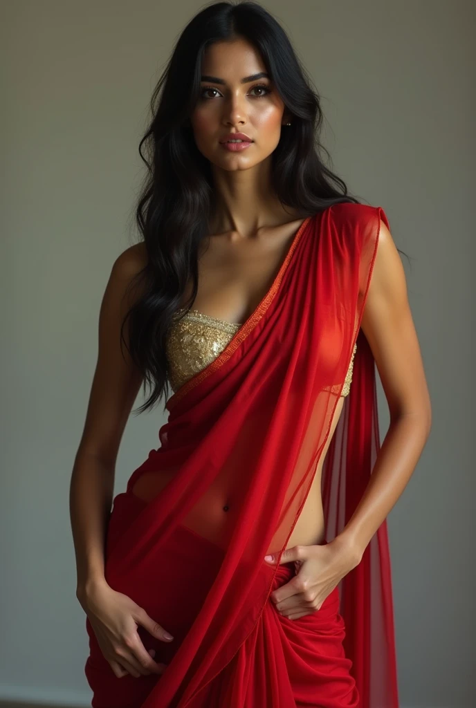 An indian hot woman in red saree showing armpit and navel with sexy pose