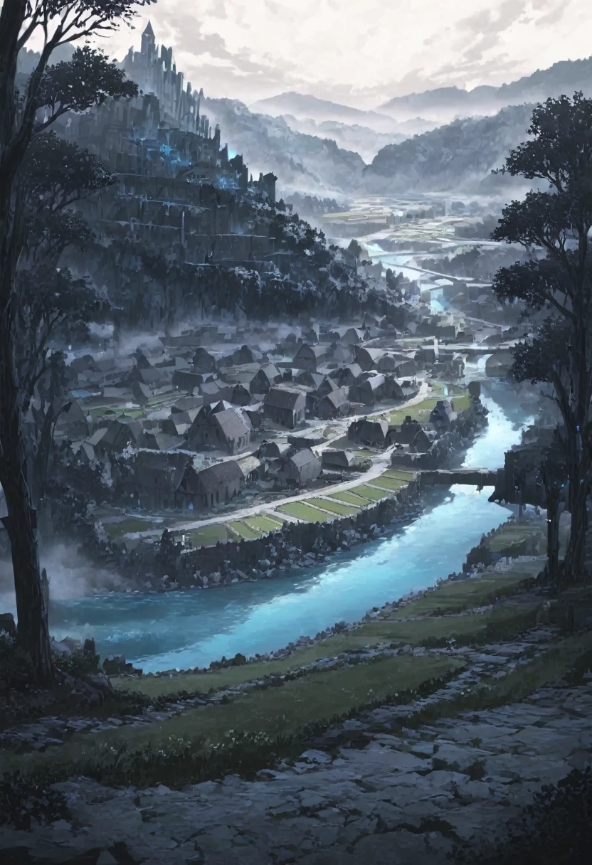 Artwork, excessive brutalism, (dreamy landscape), stunning landscape, Clear scenario, small village, Raby, Medieval Village, fancy, river passing through the village, elven houses, big tree in the background