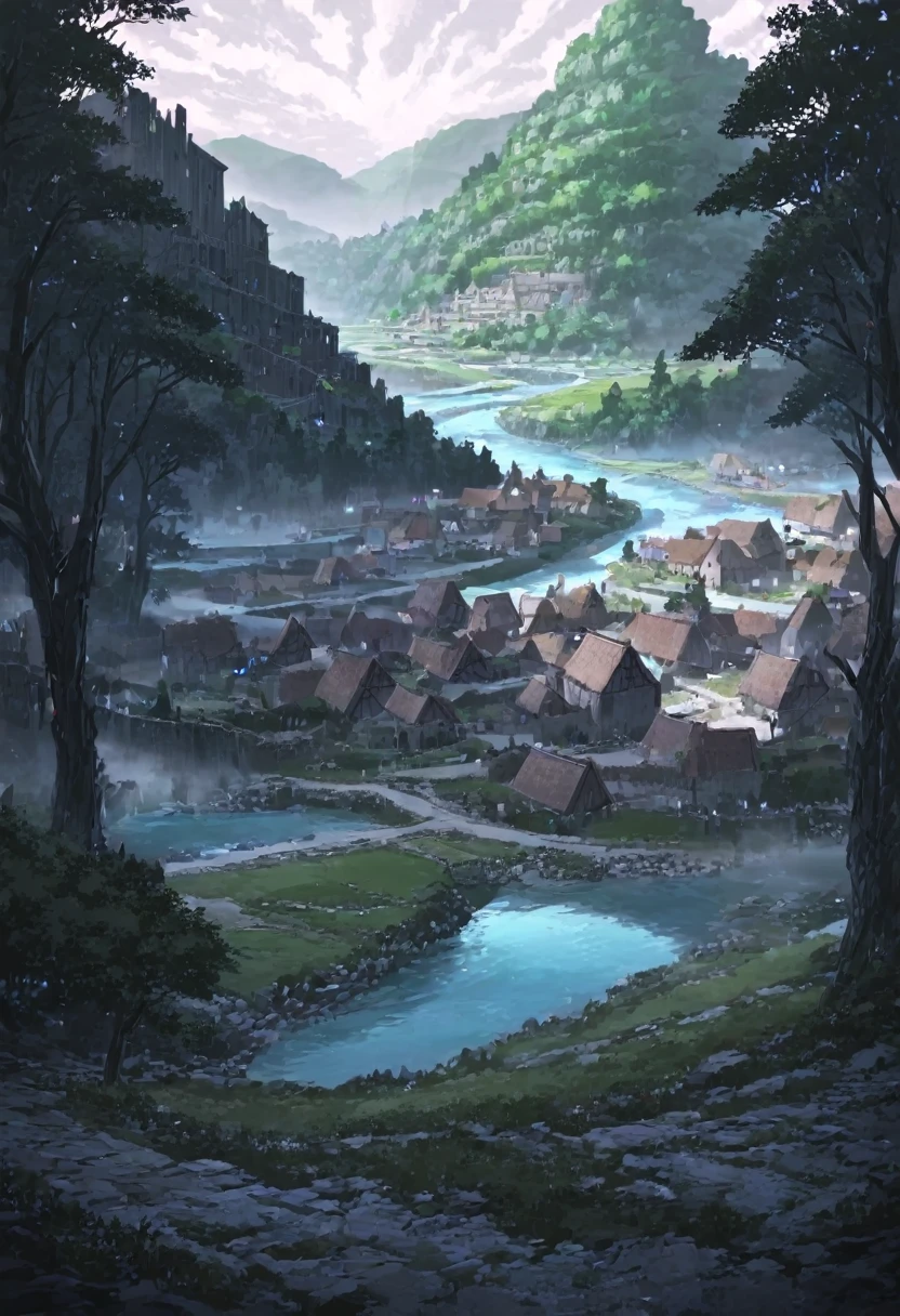 Artwork, excessive brutalism, (dreamy landscape), stunning landscape, Clear scenario, small village, Raby, Medieval Village, fancy, river passing through the village, elven houses, big tree in the background