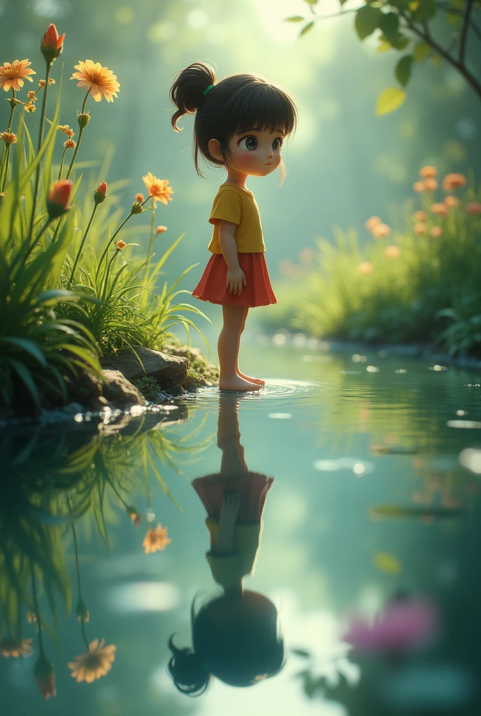 Give me a picture of a young girl standing on the bank of a river, looking at his reflection in the water, with a curious and searching expression on his face.