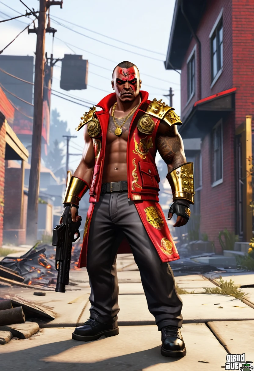 Khorne as a young criminal from GTA V,displaying his own power. ((conflict, destruction,rage,warmaster)),((black, red, golden brass)),(( Full figure wiew)). ((Three quarter wiew)).((deep wiew)),modern suburbs scenario background,photographic,ultra high resolution,hyperdetailed, masterpiece, 3d modelling, digital art.
