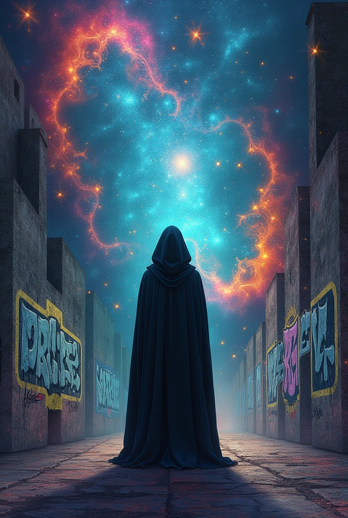 Galaxy graffiti with an omniscient person in black