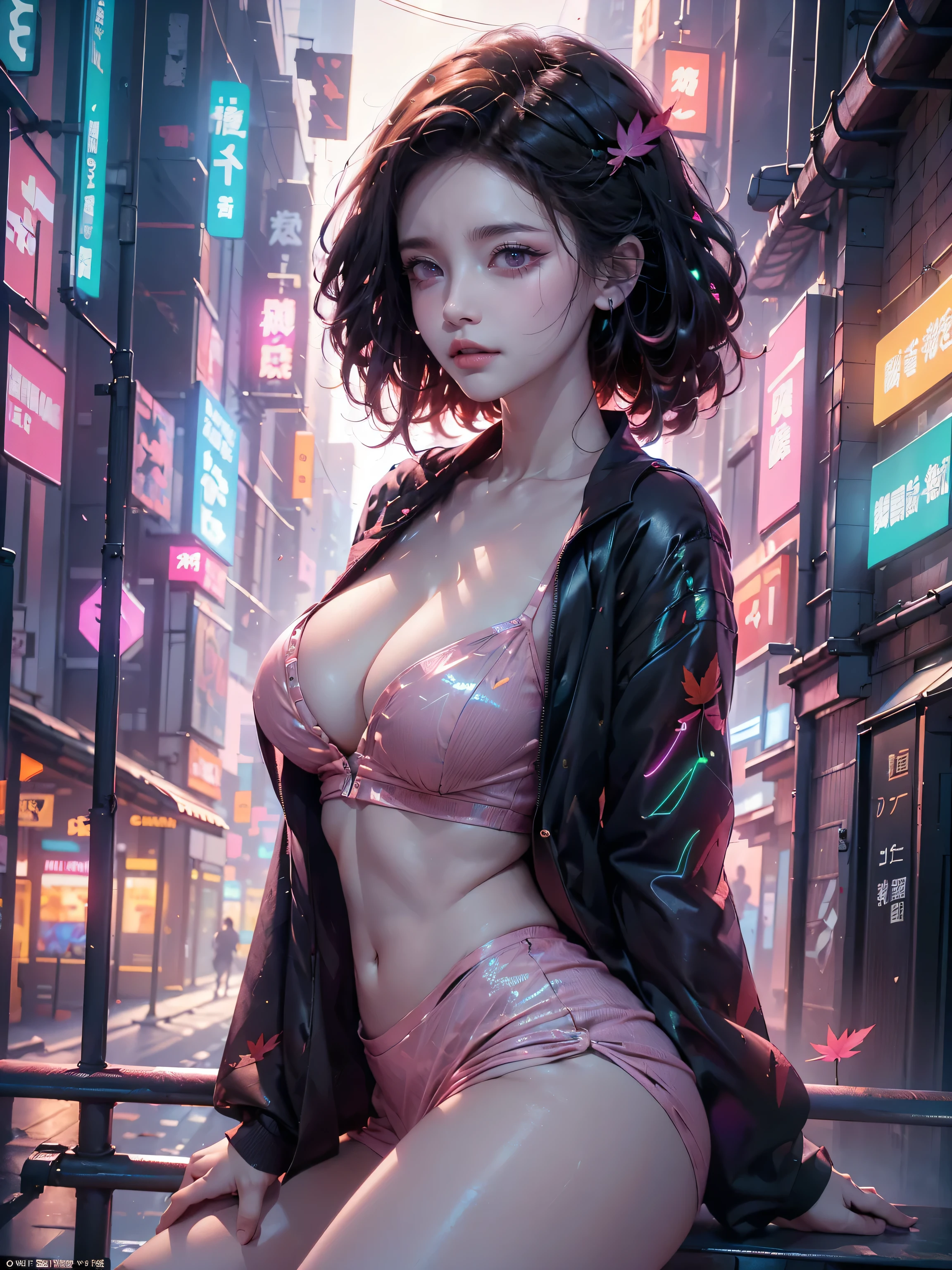 ((16K)),((masterpiece:1.3)), ((Highest quality)), ((Ultra-high resolution)), (Very detailed), ( ultra-realistic, Photorealistic:1.4), Perfect lighting,((Side light)), Surrealism,No makeup, Film Grain, chromatic aberration, Sharp focus, Face Light,((Beautiful detailsまでこだわった髪)),((Beautiful eyelashes)), Beautifully detailed face, ((Beautiful Hair)),Beautiful details, Beautiful clavicle, Beautiful body, Thin legs,Beautiful breasts, Beautiful legs, ((Detailed and carefully drawn hand)), ((Cleavage)),Pointed Chest, Perfect Anatomy, Supermodel with a long neck,((Skinny1.3)),23 years old,Looking into the camera,(Perfect Anatomy,Anatomically correct, Very detailed肌), Glowing Skin,((pale skin)),((beautiful girl:1.1)),(( large breasts:1.4)),Dainty facial structure,((歯を見せて幸せそうに笑って:1.5)),((Command nezuko:1.5)), ((demon slayer)), ((pink yukata, black jacket)),((yukata)), ((light effect:1.2)), ((pink fall leaf effect:1.4)),((leaning on rail:1.2)),(her legs spread in M legs:1.2), ((spread legs:1.2)),((from side)),background((Background of a colorful cyberpunk Tokyo street at night. The scene features futuristic skyscrapers illuminated by neon lights and holographic advertisements. Flying vehicles zip through the sky, while people in cyberpunk fashion walk the streets below, The walls of the buildings are adorned with giant digital screens displaying vibrant ads and animations. The ground is embedded with colorful LED lights, creating an ethereal and otherworldly atmosphere throughout the city)),,((wide angle:1.5 ))