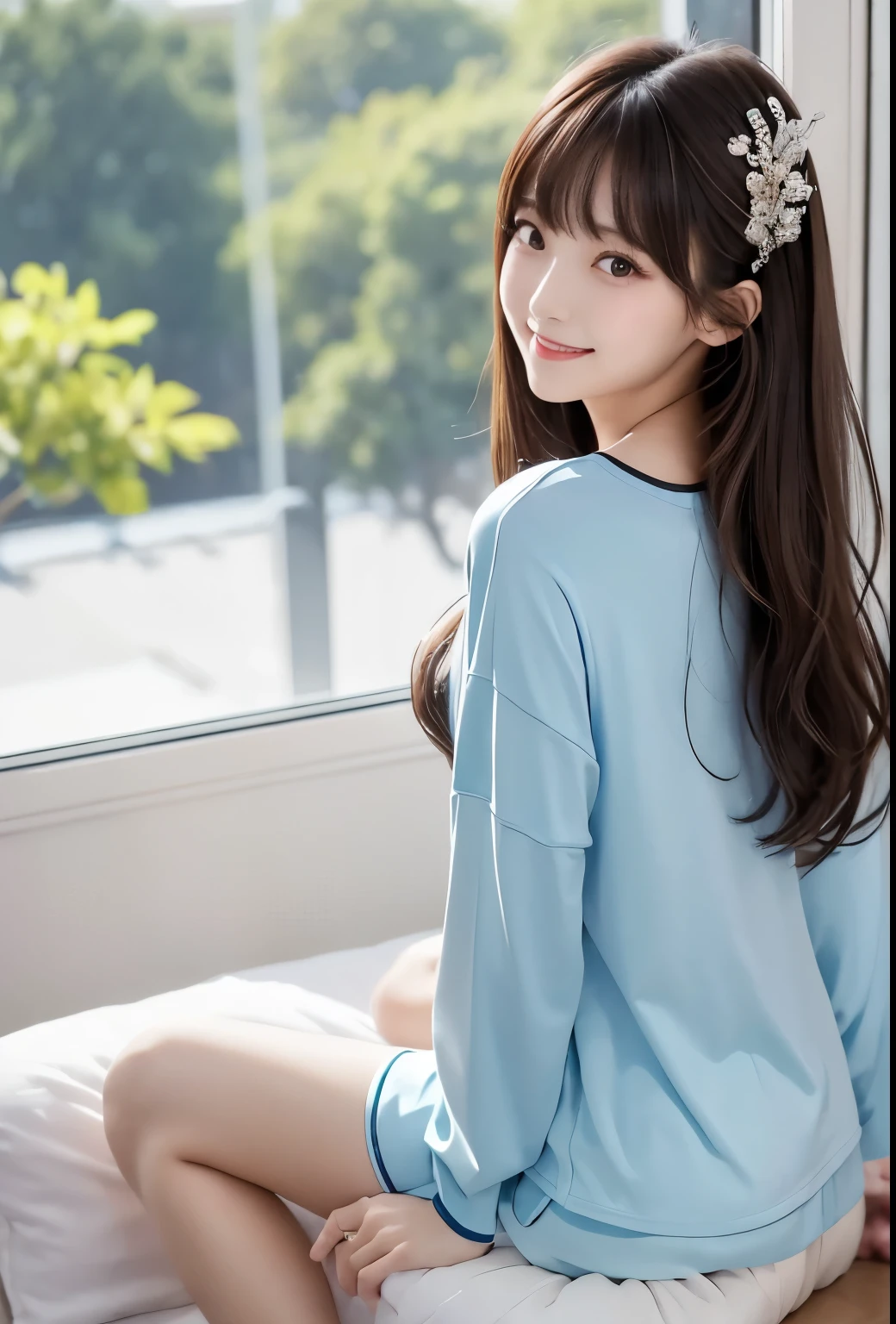 masterpiece、Highest quality、whole body、One Girl、bangs、Japanese、黒髪のLong Hair、Long Hair、Gazing at the audience、window、morning、back、light blue、pajamas、smile、alone、Stylish woman、Pastel colored outfits、front、Luxury background elements、Confident expression、Modern and trendy、Fashion focused