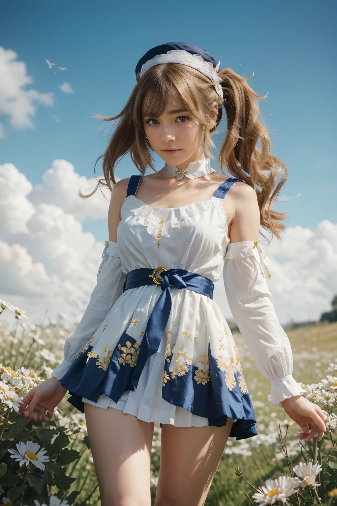 {Charming anime girl with wavy, light brown hair adorned with white floral accessories and a navy blue hat with golden accents, her bright blue eyes sparkle with delight:0.9}, {She wears a whimsical sailor dress in pristine white with navy blue and golden trim, a large bow with a cross motif at the collar, and a decorative blue sash around her waist. The outfit is embellished with intricate gold detailing and small charms, evoking a sense of enchantment:0.8}, [Set against a serene, early evening sky with gentle hues of blue and orange merging at the horizon, over a vibrant meadow blooming with white daisies, creating a peaceful and idyllic setting:0.7}, {The artwork is rendered in a clear and vivid anime style, capturing the soft textures of her hair and the delicate fabric of her dress, while the background blends a painterly touch to emphasize the magical, almost storybook quality of the scene:0.9},
{The overall composition is bright and airy, with a focus on high dynamic range that accentuates the light filtering through her hair and the reflective qualities of her eyes, enhancing the youthful and optimistic aura of the character:0.8}