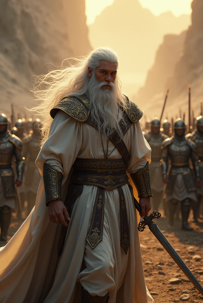 A man with long hair as white as snow, eyes like fire, with the fury of a lion, and a double-edged sword, dressed in the finest linen, with an army