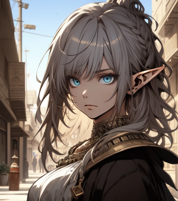 ((Best quality, 8k, Masterpiece :1.3)), young elf woman,  Bangs, sidelock, Braid, silver hair, bright eyes, egypt concept, Egyptian clothing, big breast, Ornate bracelet, with an egyptian embroidered, white dress, sweet expression,perfect face, detailed eyes, arches, middle east egyptian town, dynamic composition, craig mullins, (dynamic angle), (depth of field:1.2), intricate insanely detailed,sharp focus,aestheticism,art by Artgerm, by wadim kashin, by Kawacy, by Yusuke Murata