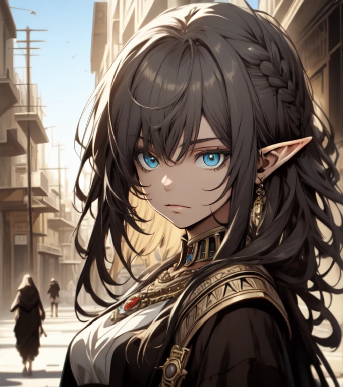 ((Best quality, 8k, Masterpiece :1.3)), young elf woman,  Bangs, sidelock, Braid, silver hair, bright eyes, egypt concept, Egyptian clothing, big breast, Ornate bracelet, with an egyptian embroidered, white dress, sweet expression,perfect face, detailed eyes, arches, middle east egyptian town, dynamic composition, craig mullins, (dynamic angle), (depth of field:1.2), intricate insanely detailed,sharp focus,aestheticism,art by Artgerm, by wadim kashin, by Kawacy, by Yusuke Murata