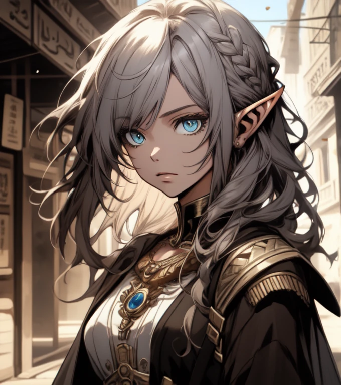 ((Best quality, 8k, Masterpiece :1.3)), young elf woman,  Bangs, sidelock, Braid, silver hair, bright eyes, egypt concept, Egyptian clothing, big breast, Ornate bracelet, with an egyptian embroidered, white dress, sweet expression,perfect face, detailed eyes, arches, middle east egyptian town, dynamic composition, craig mullins, (dynamic angle), (depth of field:1.2), intricate insanely detailed,sharp focus,aestheticism,art by Artgerm, by wadim kashin, by Kawacy, by Yusuke Murata