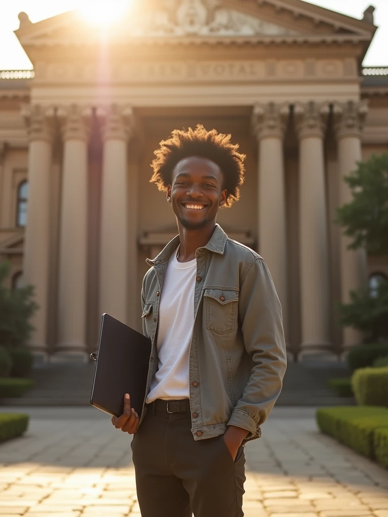 real person african student holding laptop standing in front of university sun light.