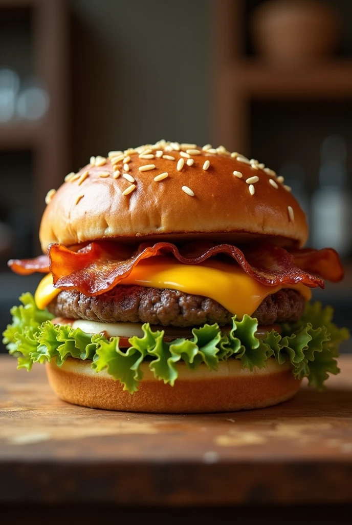 A burger on a wooden counter, with hyperrealism in the flesh, queso, lettuce and bacon,