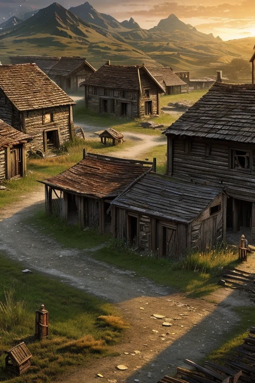 abandoned village, forgotten in time, old scrolls, grimdark