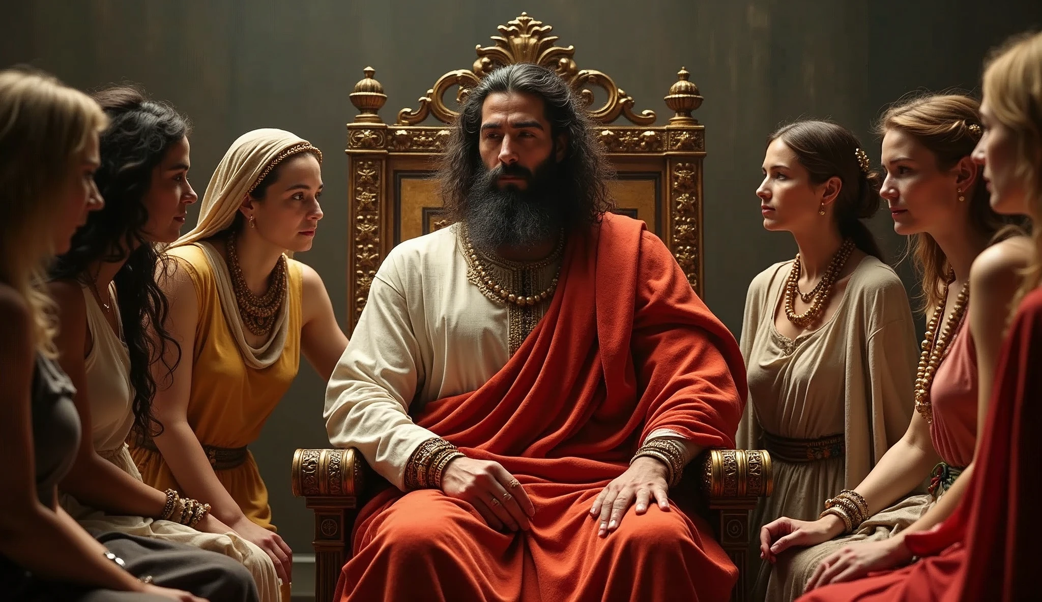SOLOMON WITH SEVERAL WOMEN, biblical attire, he is sitting on the throne and the women around him