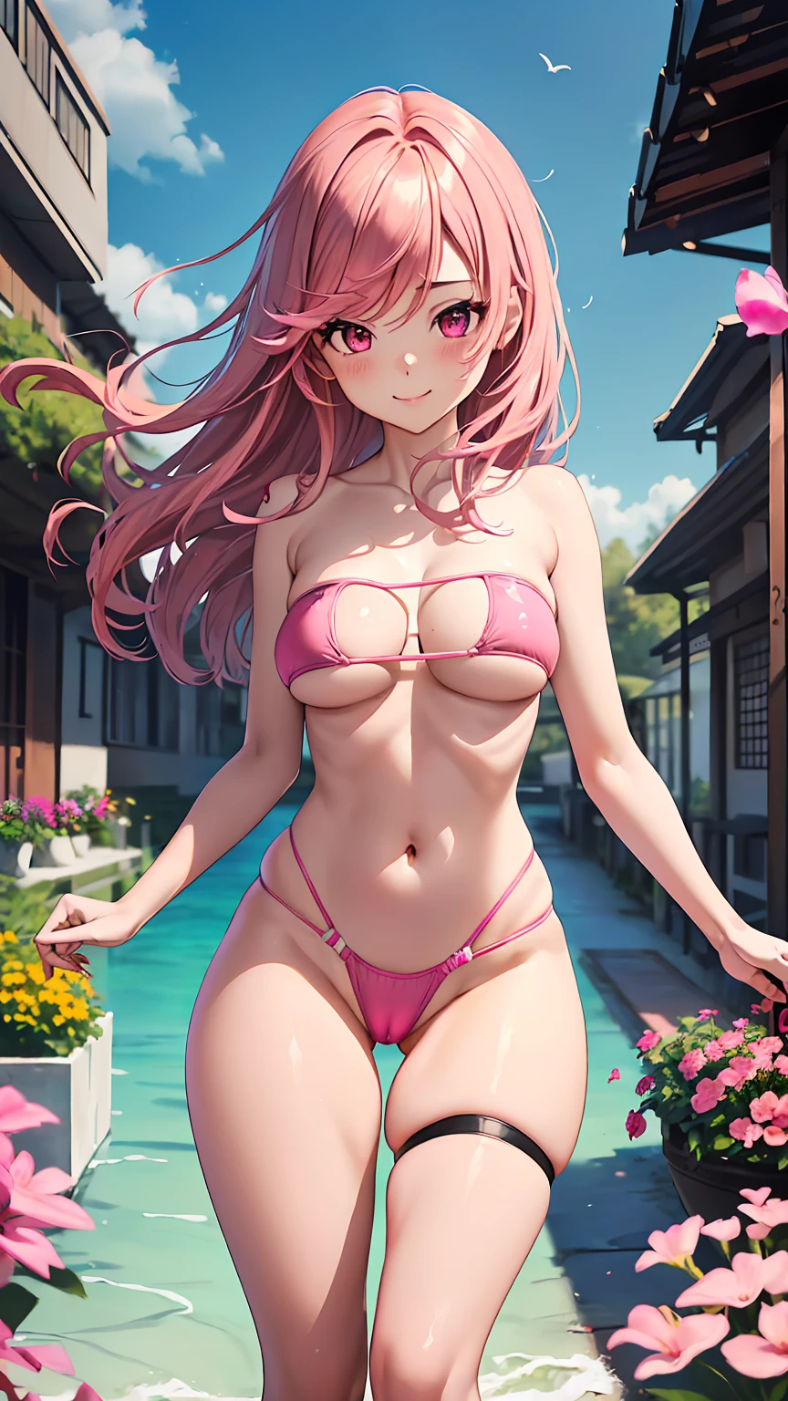 1girl, anime girl, 2d girl, 18y, (fullbody), standing, anime girl, seductive smile, (((medium hair, pink hair, flowing hair, hair flowing in the wind))), ((black,tube top,strapless)), ((underboob view)), cleavage, Solo, Slim, Big Breasts, Tight Shorts, outdoors, night background, flowers, looking at viewer, darker shadows, (((explicit))), (((pink, bottom bikini, micro panties, micro bikini, revealing clothes))), (((vulva))), (((absurdres))), (((thigh gap))), (((half naked))), (((cameltoe))), (((sexy))), (((sensual))), (((Tube Top))), (((Strapless)))