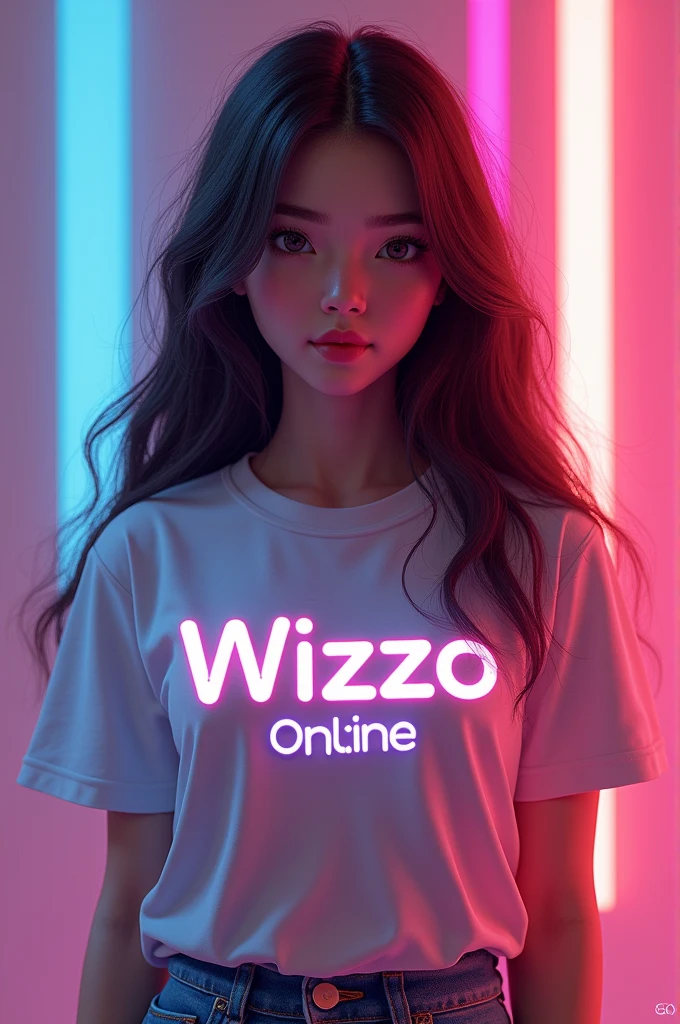 Create an image of woman wered at shirt writte wizzo online