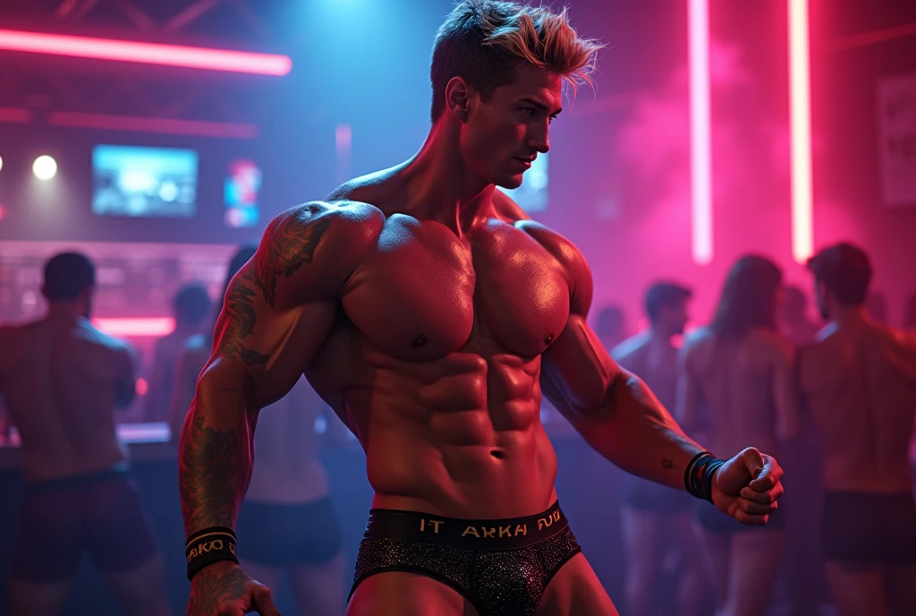 (masterpiece, Best Quality, detailed:1.2) young muscular man, expressive eyes, dark blonde hair, dynamic pose, stripper,wearing micro latex thong, in nightclub, huge lump, Neon lights