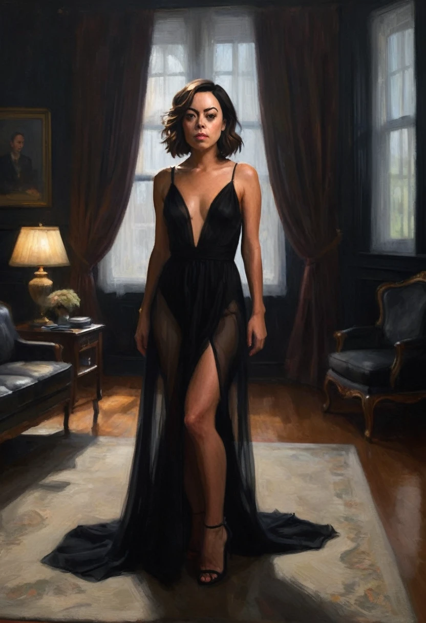 Aubrey Plaza, sheer black gown, no underwear, sexy dramatic pose, living room interior, high quality, photorealistic, detailed facial features, hyper-detailed, cinematic lighting, cinematic composition, dramatic shadows, intense chiaroscuro, moody atmosphere, dark and sensual