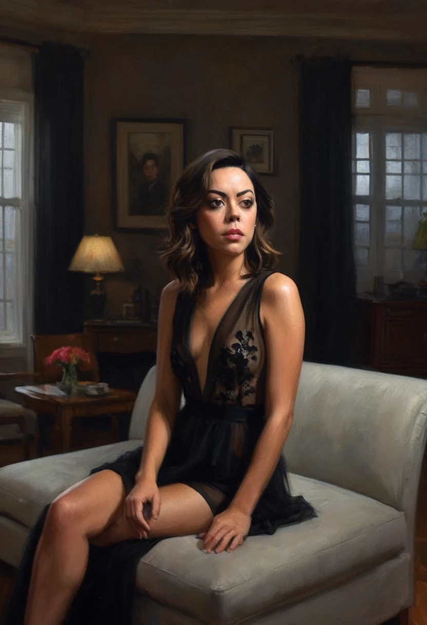 Aubrey Plaza, sheer black gown, no underwear, sexy dramatic pose, living room interior, high quality, photorealistic, detailed facial features, hyper-detailed, cinematic lighting, cinematic composition, dramatic shadows, intense chiaroscuro, moody atmosphere, dark and sensual