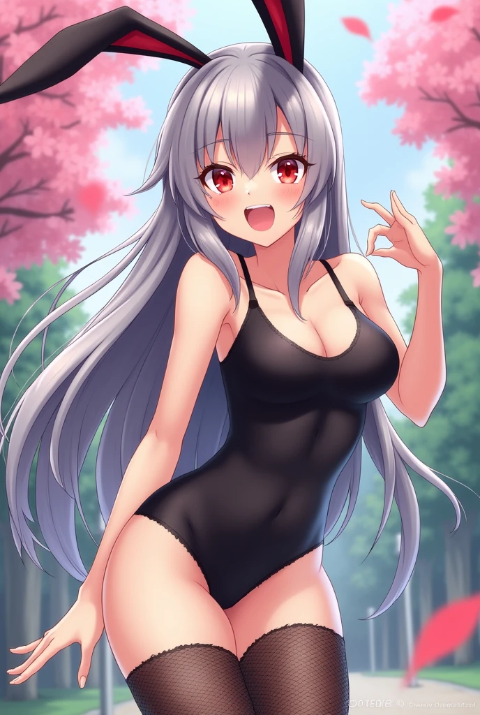 Anime girl with long grey hair, Black rabbit ears, black swimsuit, black mesh tights, Red eyes, white, in a park background with trees with pink leaves, con la boca abierta y en haciendo🤞con los dedos