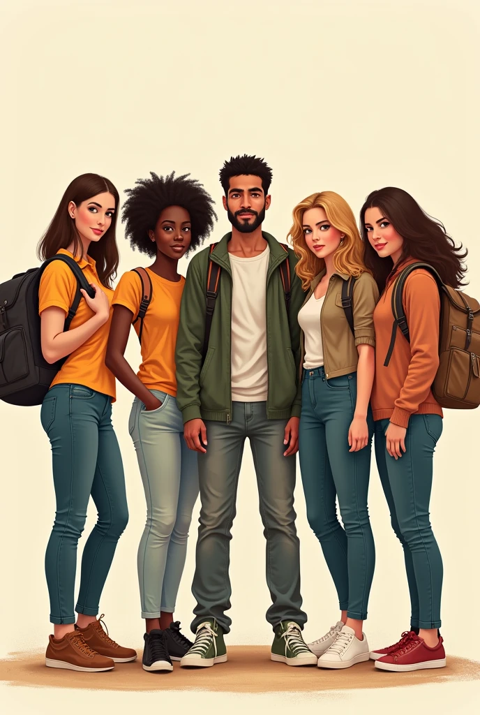 Generate a drawing of 4 women and a man with a backpack in a row to color