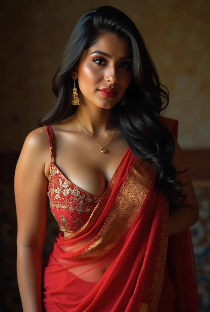 A beautiful curvy indian girl with big breasts (wearing saree), hyper realistic, doing sex