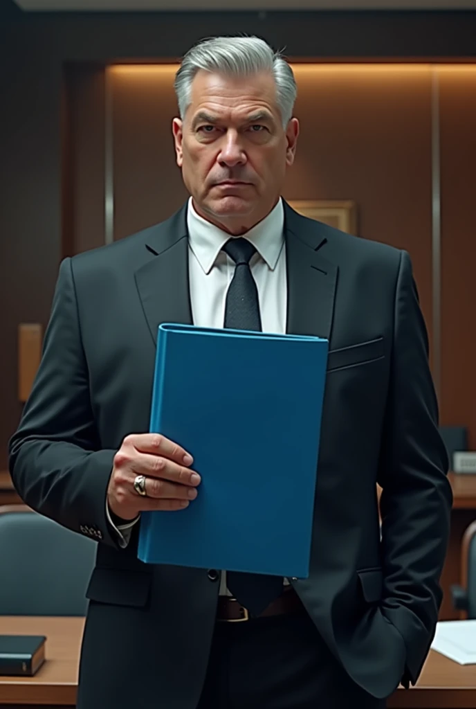 Create a picture of the movie boss holding a blue folder 
