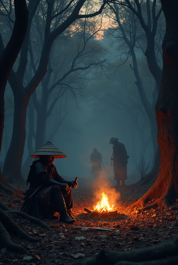 Dense, dark forest with ancient, gnarled trees. The ground is covered in dry leaves, Twilight, with the sky painted in shades of orange and purple. The remaining light filters through the trees, casting long, eerie shadows. The silence is unnerving, A lone samurai, sitting around a fire, with his katana on the ground, He wears traditional samurai armor, worn and worn, with black and red accents. His face is partially hidden by a straw hat (kasa), revealing only his eyes. in the background dark creatures appearing and meeting the samurai